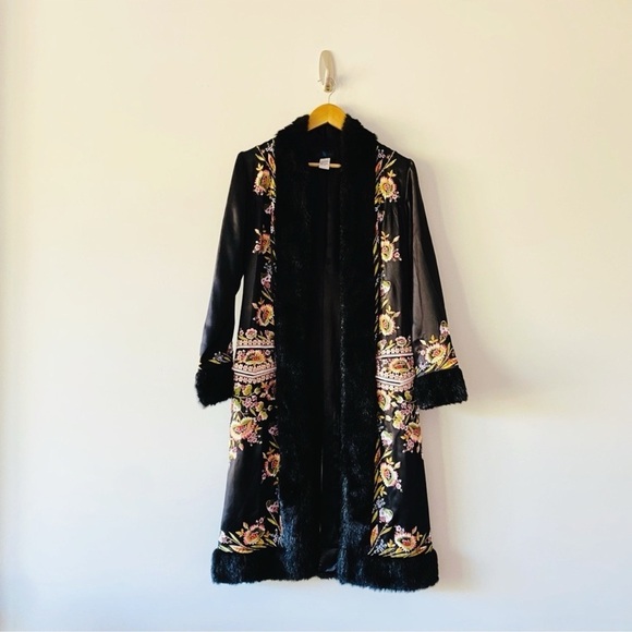 Sue Wong Vintage Embroidered Silk Duster Coat Faux Fur Floral Size 2 - Picture 2 of 10
